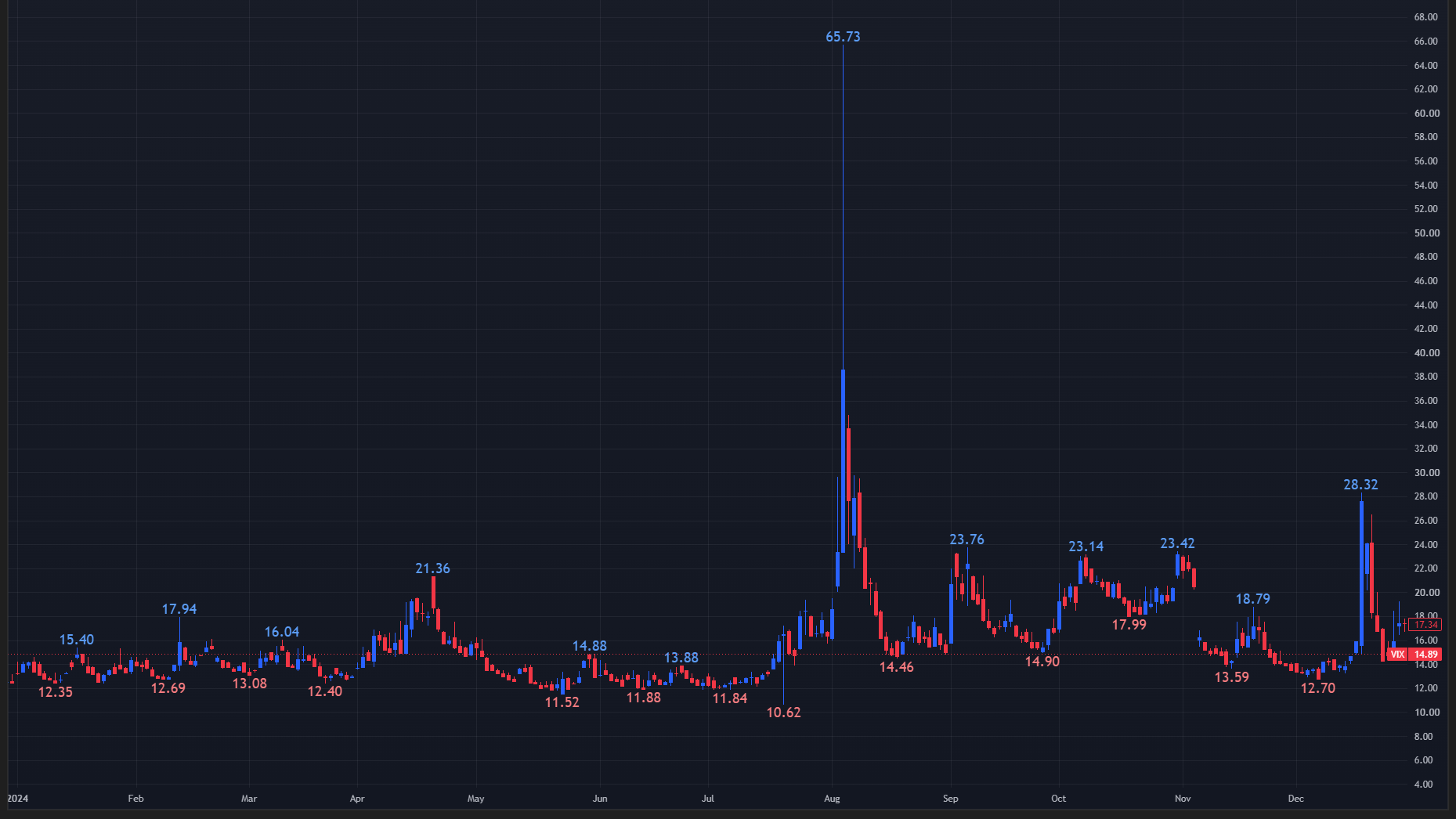 【2024年のVIX 日足チャート】