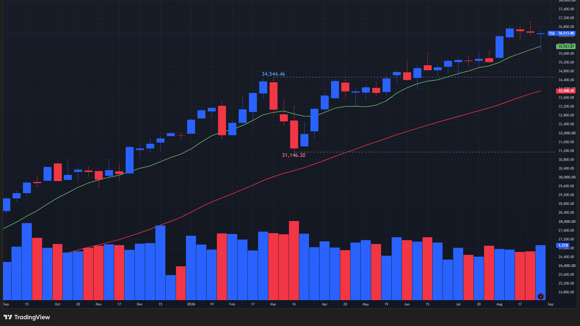 【TSX総合指数の週足チャート】　
