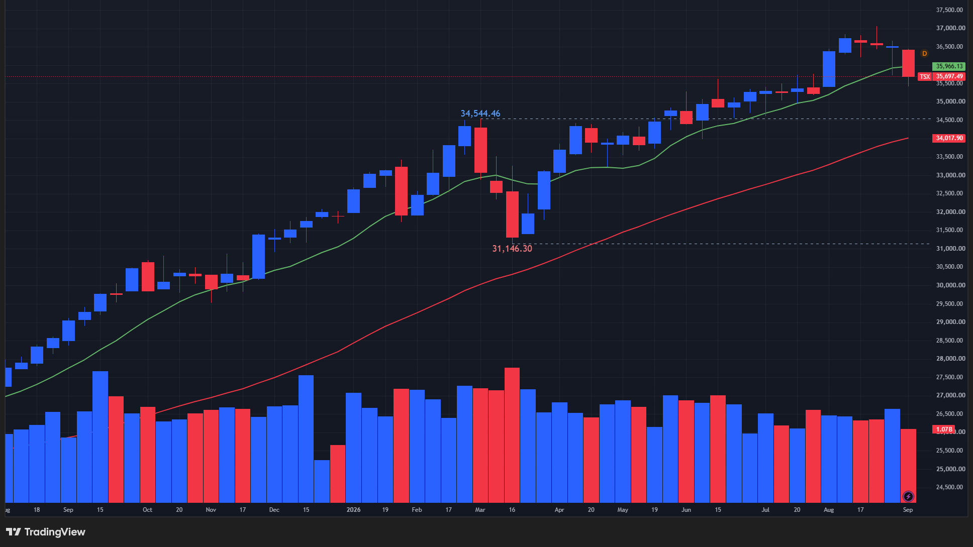 【TSX総合指数の週足チャート】　
